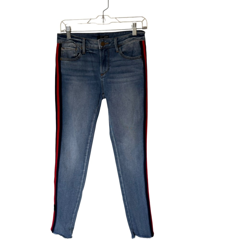 AQUA Skinny Jeans Womens 26 Blue Red Side Stripe Raw Hem Excellent Denim